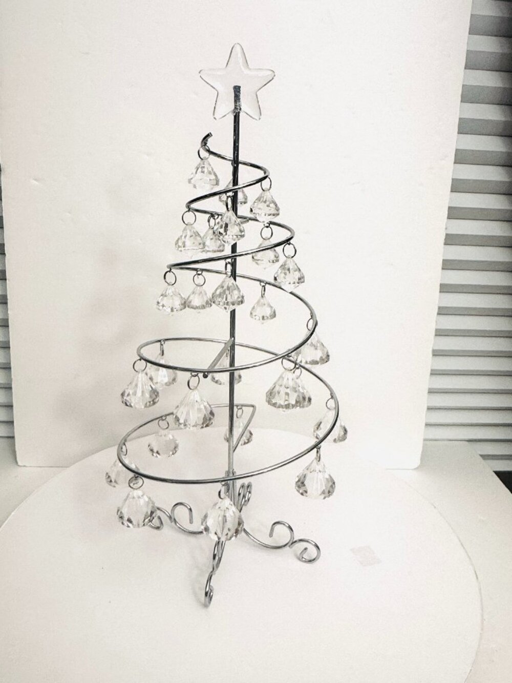 Spiral Tabletop Christmas Tree Facett Crystal Ornament Silver-Tone Metal READ